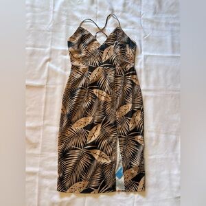 Cupshe Black and Tan Leaf-Print One-Shoulder Slip Dress